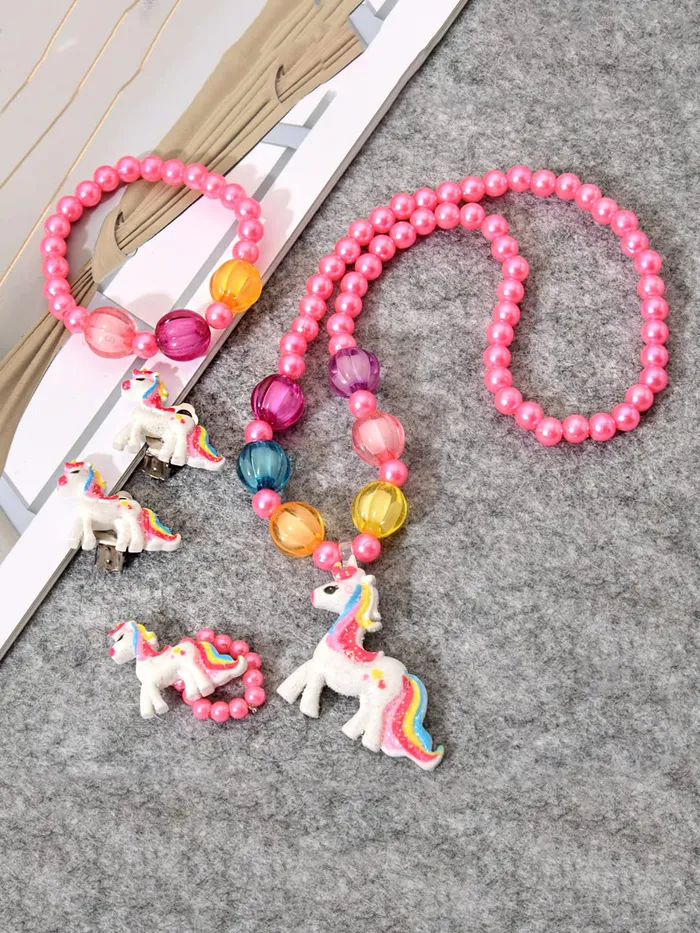 Bracelets Yellow Chimes Melbees by Yellow Chimes Unicorn Jewellery Set for Kids Girls Kids Jewellery Pink Beads Necklace Set Bracelet Ring Accessories Set for Kids