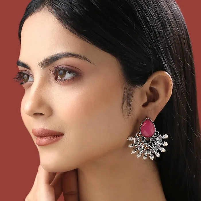 Bracelets Yellow Chimes Yellow Chimes Earrings for Women and Girls Silver Oxidised ChandbaliPink Stone Studded Chand Baliyan EarringsBirthday Gift For girls and women Anniversary Gift for Wife