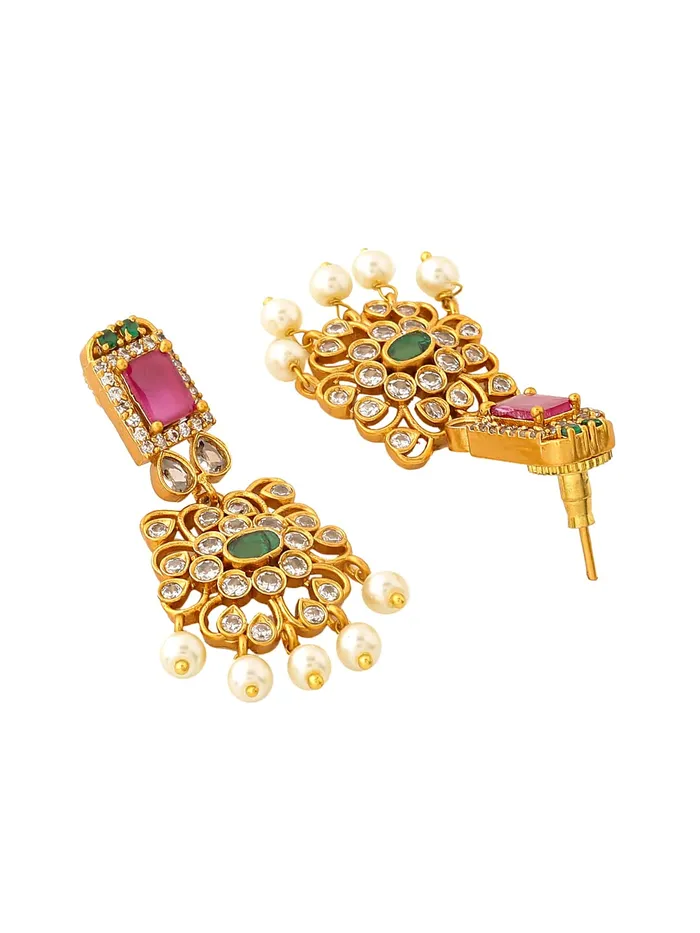 Bracelets Yellow Chimes Yellow Chimes Jewellery Set For Women Gold Tone CZ ADAmerican Diamond and Crystal Studded Pearl Hanging Bridal Traditional Necklace Set For Women and Girls