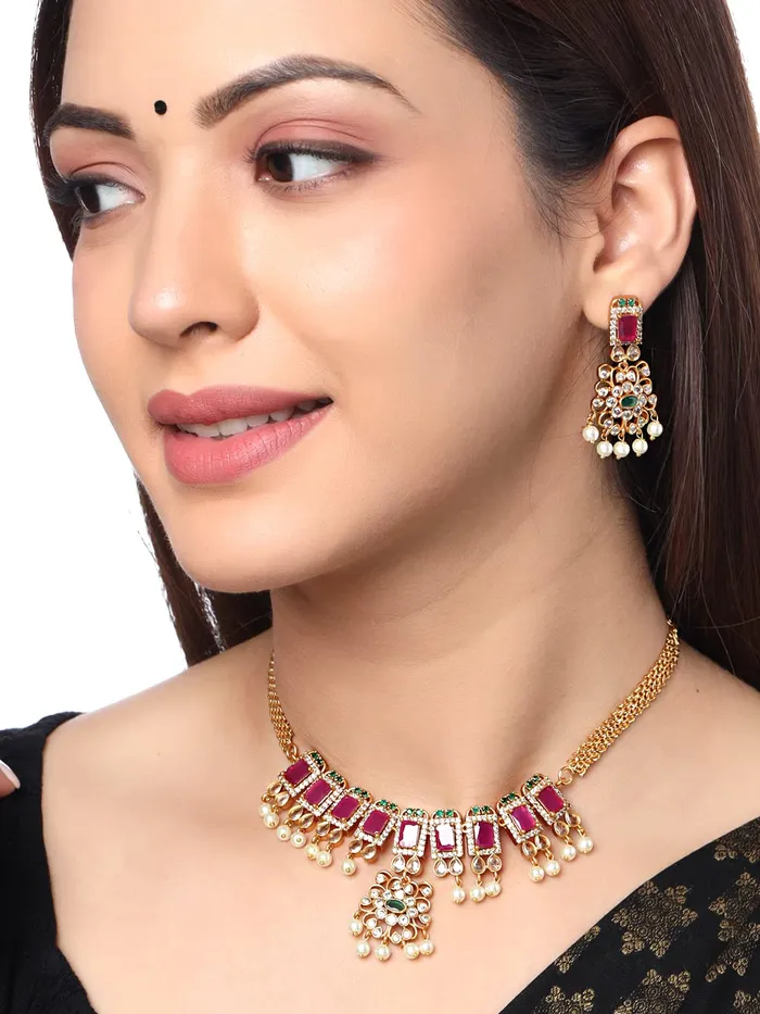 Bracelets Yellow Chimes Yellow Chimes Jewellery Set For Women Gold Tone CZ ADAmerican Diamond and Crystal Studded Pearl Hanging Bridal Traditional Necklace Set For Women and Girls