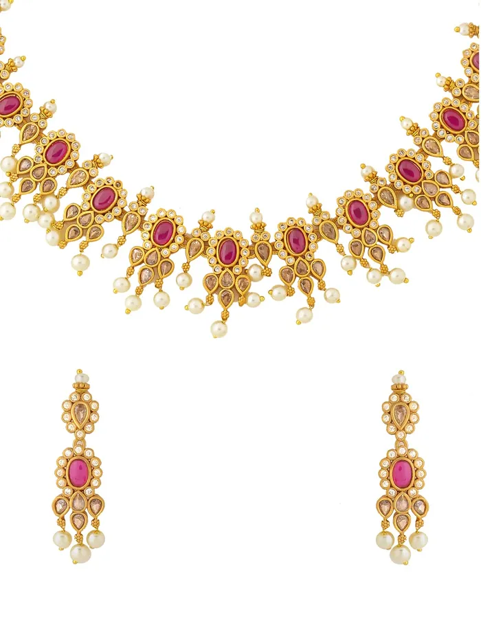 Bracelets Yellow Chimes Yellow Chimes Jewellery Set For Women Gold Tone CZ ADAmerican Diamond and Crystal Studded Pearl Hanging Bridal Traditional Necklace Set For Women and Girls