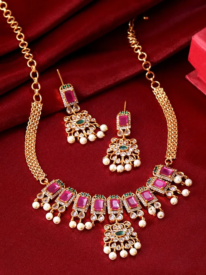 Bracelets Yellow Chimes Yellow Chimes Jewellery Set For Women Gold Tone CZ ADAmerican Diamond and Crystal Studded Pearl Hanging Bridal Traditional Necklace Set For Women and Girls