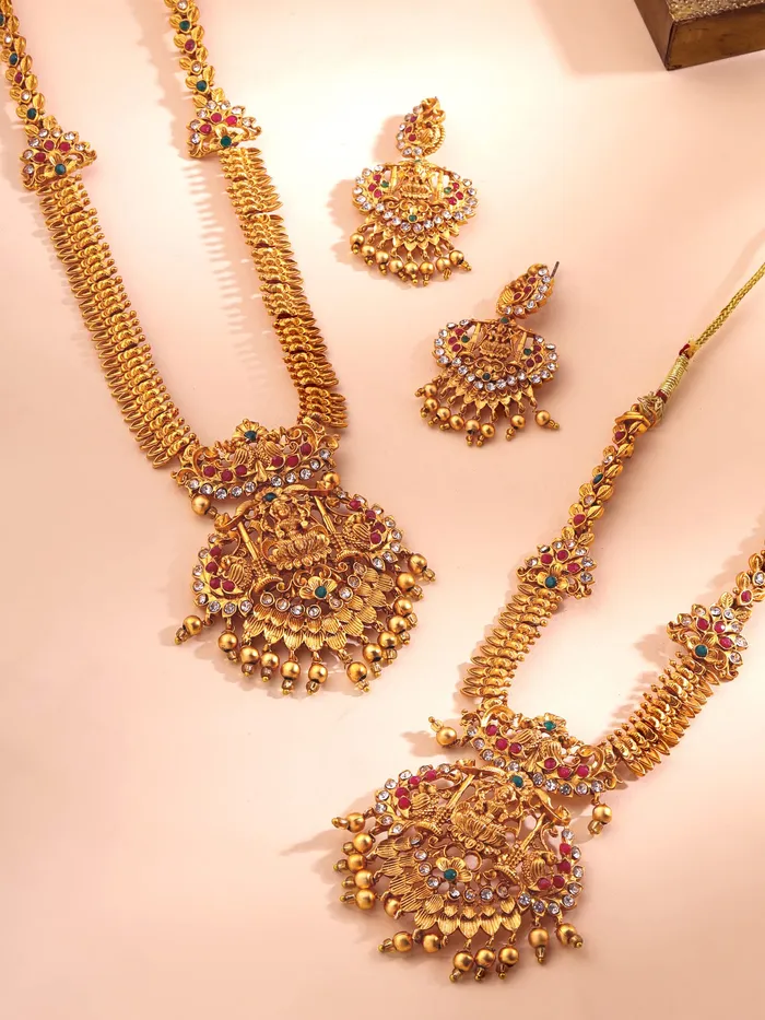 Earrings Yellow Chimes Jewellery Set for Women and Girls Temple Jewellery Set Gold Plated Long Necklace Temple Jewellery Set Birthday Gift for girls and women Anniversary Gift for Wife Yellow Chimes