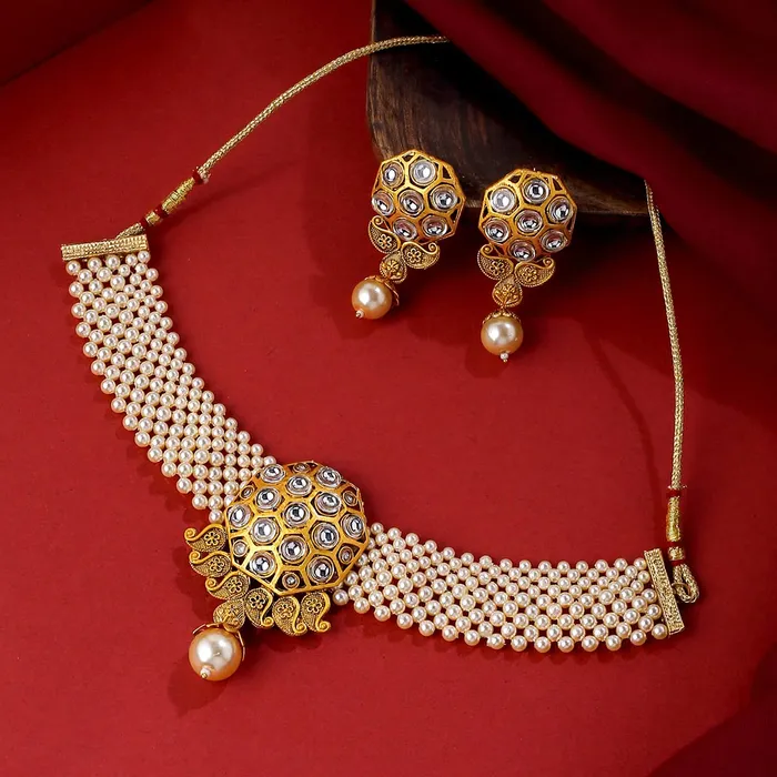 Earrings Yellow Chimes Yellow Chimes Jewellery Set for Women and Girls Kundan Necklaces Set Gold Plated Beads Beaded Kundan Choker Necklace Set Birthday Gift for girls and women Anniversary Gift for Wife