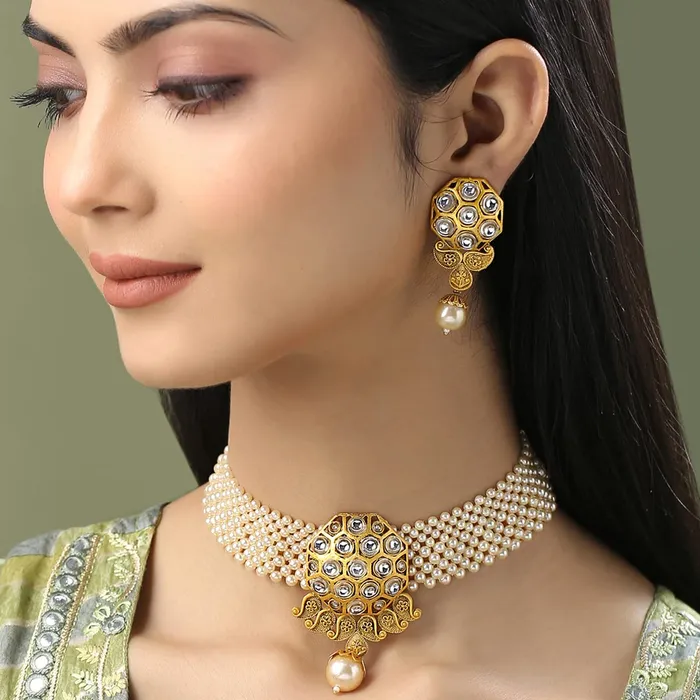 Earrings Yellow Chimes Yellow Chimes Jewellery Set for Women and Girls Kundan Necklaces Set Gold Plated Beads Beaded Kundan Choker Necklace Set Birthday Gift for girls and women Anniversary Gift for Wife