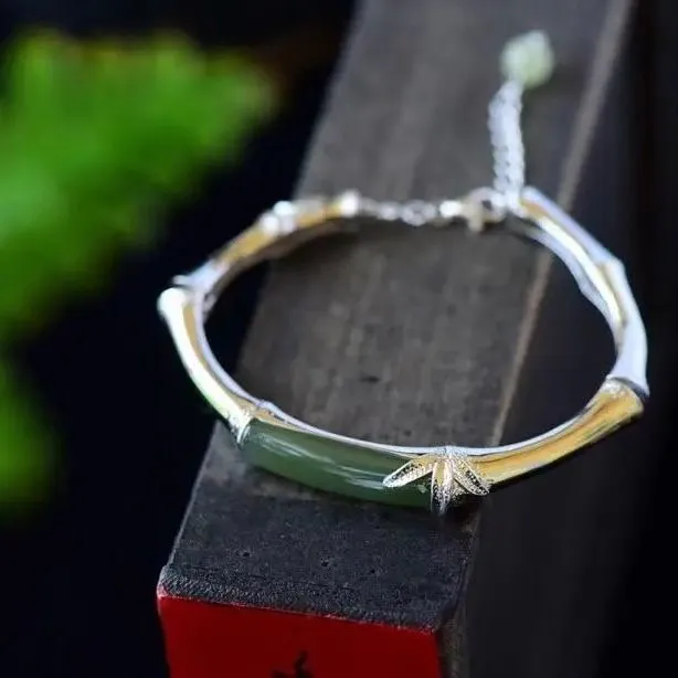 Metamorphidi Bracelets 925 Sterling Silver Natural Hetian Jade Bamboo Bracelet