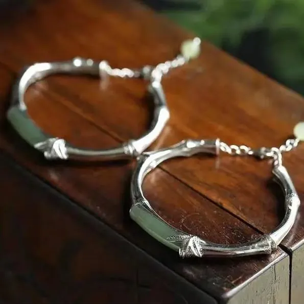 Metamorphidi Bracelets 925 Sterling Silver Natural Hetian Jade Bamboo Bracelet