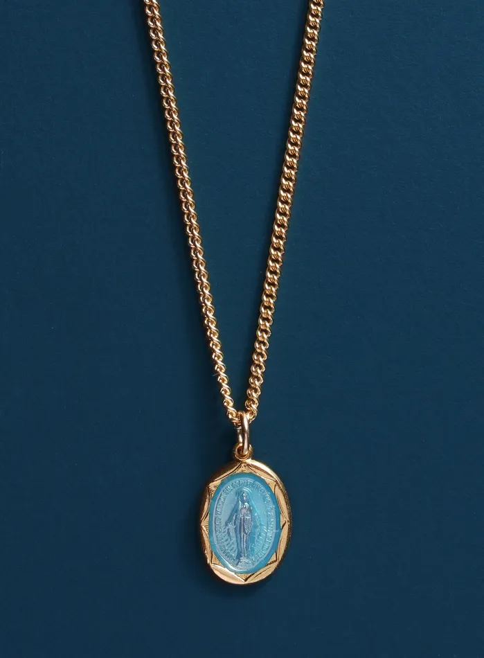 Miraculous medal with blue enamel on 14k Gold Filled Chain WE ARE ALL SMITH Mens Jewelry Clothing Necklaces