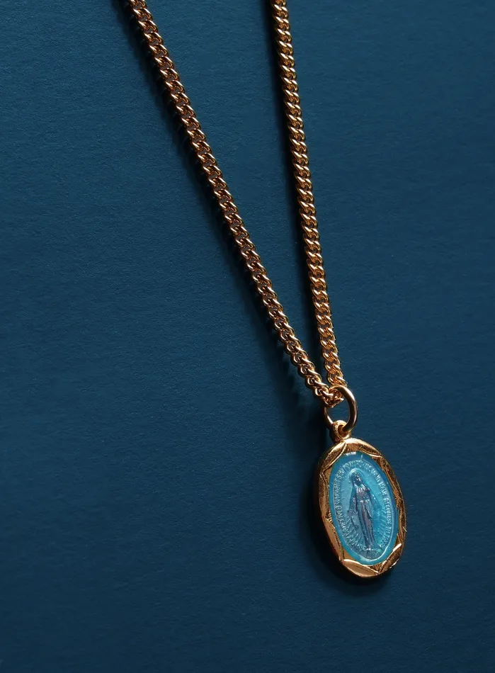 Miraculous medal with blue enamel on 14k Gold Filled Chain WE ARE ALL SMITH Mens Jewelry Clothing Necklaces