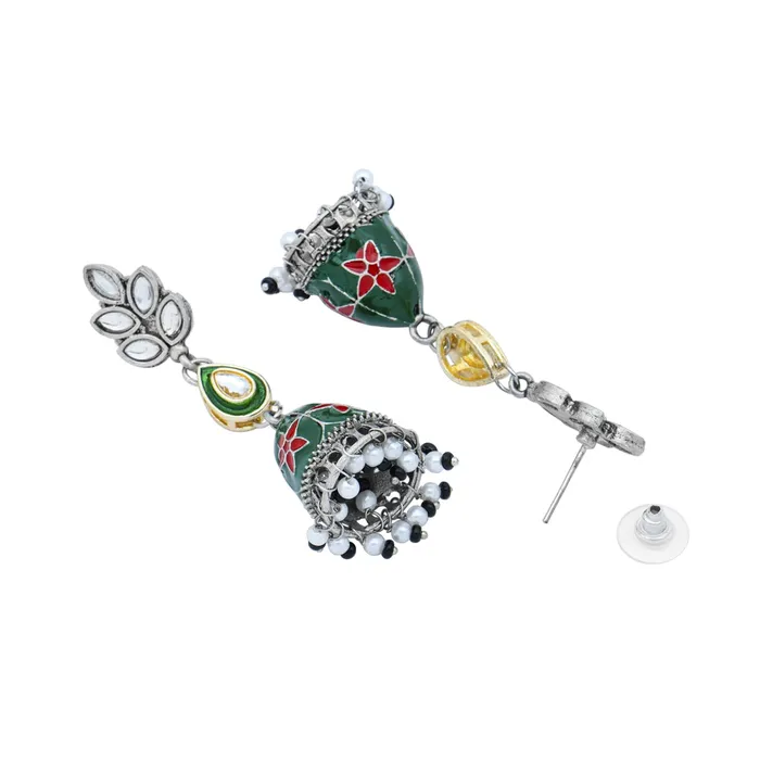Yellow Chimes Earrings Yellow Chimes Earrings for Women and Girls Meenakari Jhumka Silver Tone Green Meenakari Jhumki Earrings Birthday Gift for girls and women Anniversary Gift for Wife