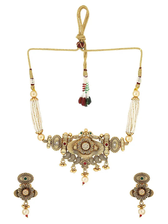Yellow Chimes Earrings Yellow Chimes Jewellery Set for Women Gold Toned Crystal Studded with Beads Peacock Designed Choker Necklace Set with Earrings for Women and Girls