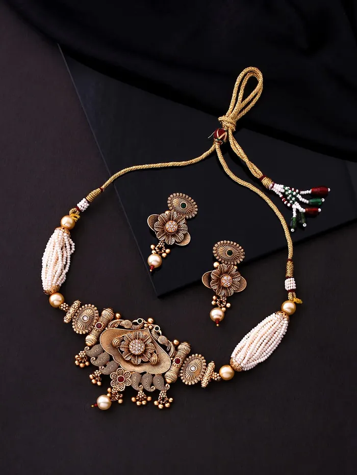 Yellow Chimes Earrings Yellow Chimes Jewellery Set for Women Gold Toned Crystal Studded with Beads Peacock Designed Choker Necklace Set with Earrings for Women and Girls