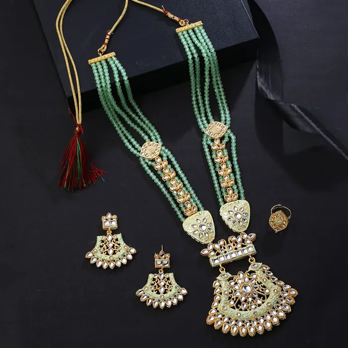 Yellow Chimes Jewellery Set for Women and Girls Kundan Jewellery Set for Women Gold Tone Moti Beads Kundan Necklace Set Birthday Gift for girls and women Anniversary Gift for Wife Yellow Chimes Earrings