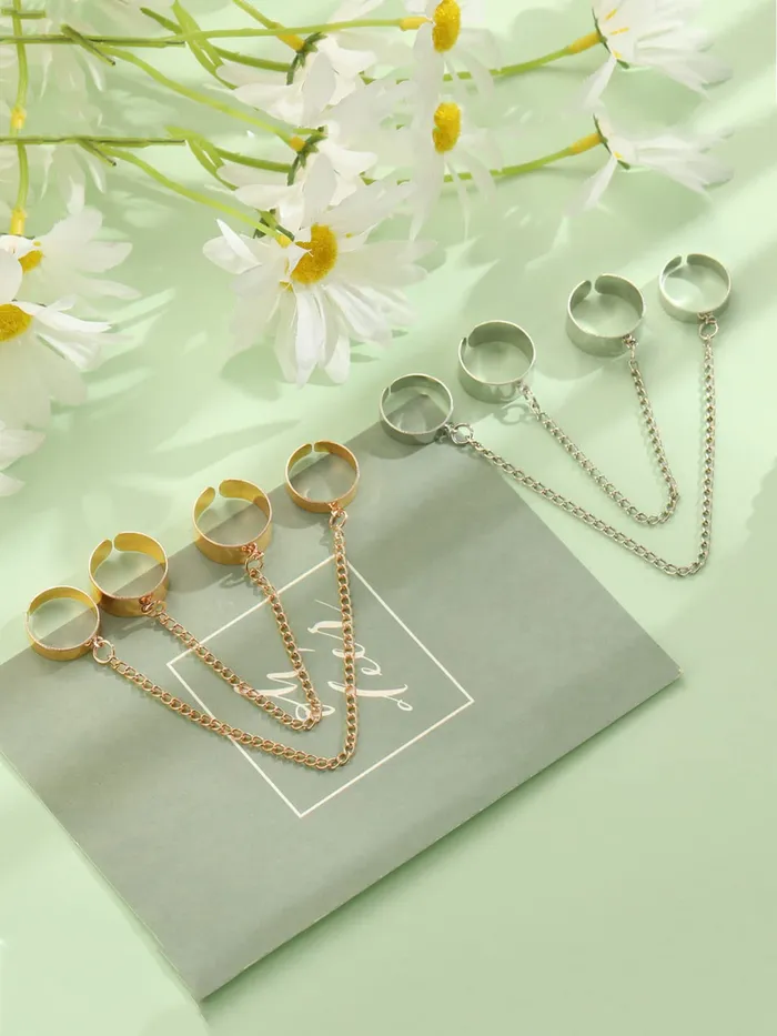 Yellow Chimes Necklaces Yellow Chimes Rings for Women and Girls Chain Finger Rings Adjustable 4 Pieces Silver Gold Punk Chain Finger Rings Four Fingers Open Ring Birthday Gift For Girls and Women