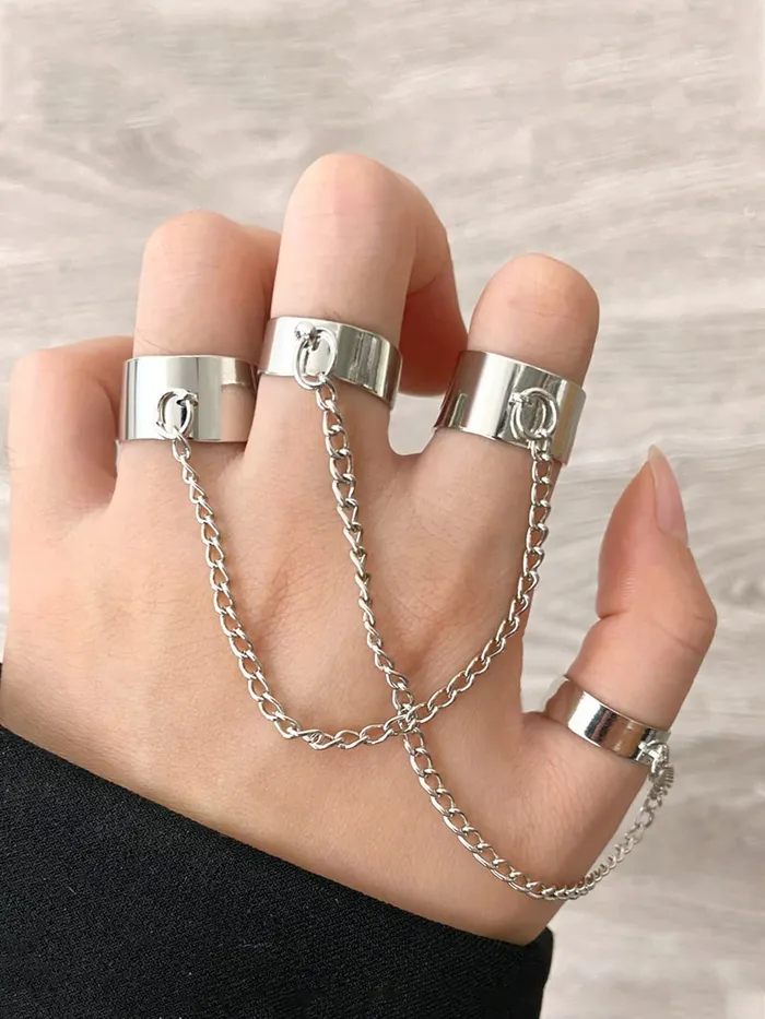 Yellow Chimes Necklaces Yellow Chimes Rings for Women and Girls Chain Finger Rings Adjustable 4 Pieces Silver Gold Punk Chain Finger Rings Four Fingers Open Ring Birthday Gift For Girls and Women