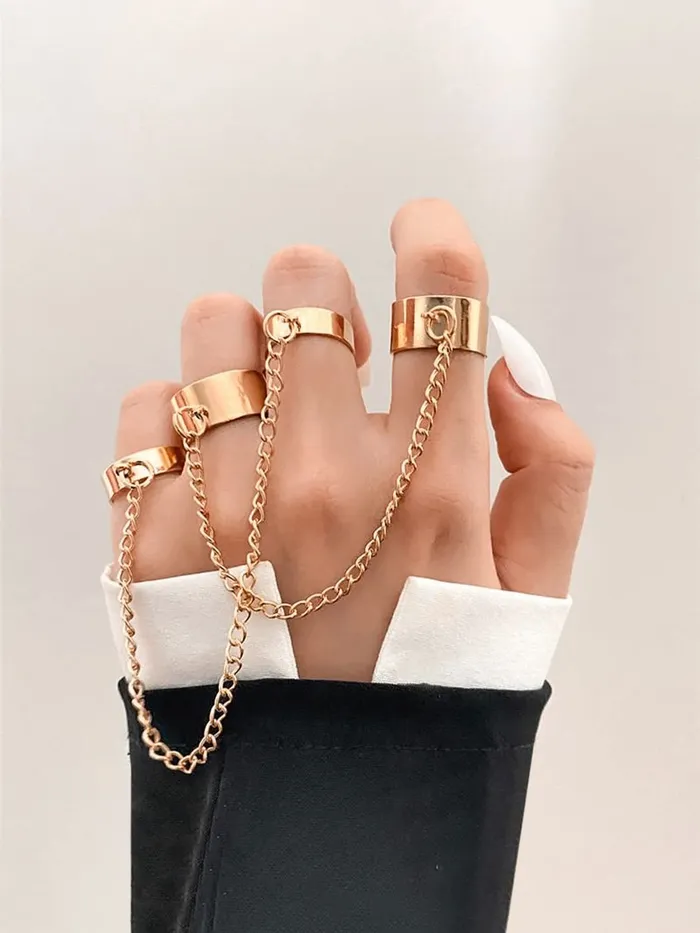 Yellow Chimes Necklaces Yellow Chimes Rings for Women and Girls Chain Finger Rings Adjustable 4 Pieces Silver Gold Punk Chain Finger Rings Four Fingers Open Ring Birthday Gift For Girls and Women