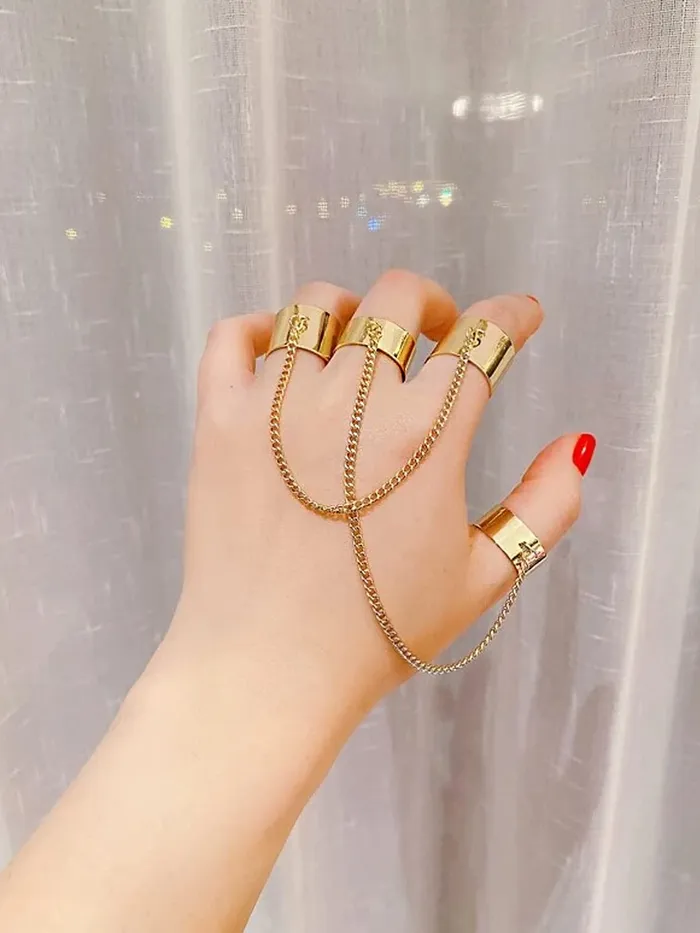 Yellow Chimes Necklaces Yellow Chimes Rings for Women and Girls Chain Finger Rings Adjustable 4 Pieces Silver Gold Punk Chain Finger Rings Four Fingers Open Ring Birthday Gift For Girls and Women