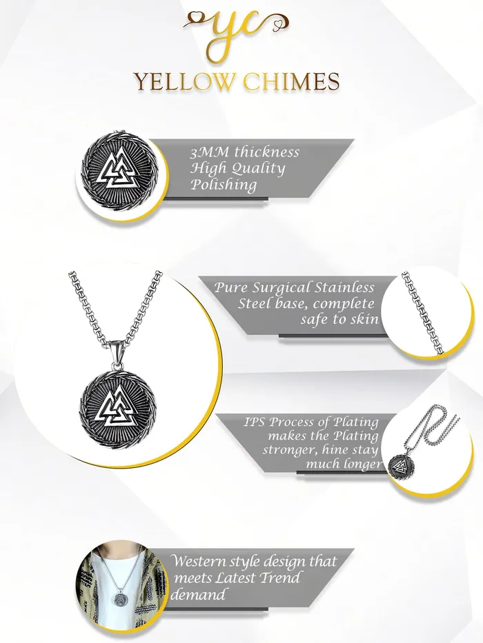 Yellow Chimes Rings Yellow Chimes Chain Pendant for Men Silver Chain Men Pendant Stainless Steel Valknut Odin Symbol Locket Pendant for Men and Boys