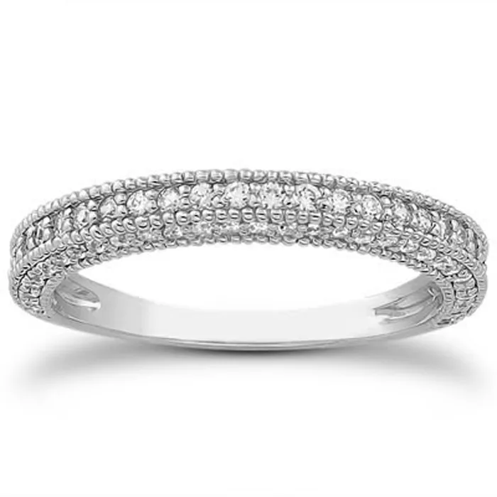 14k White Gold Fancy Pave Diamond Milgrain Textured Wedding Ring Band MayaMila Rings