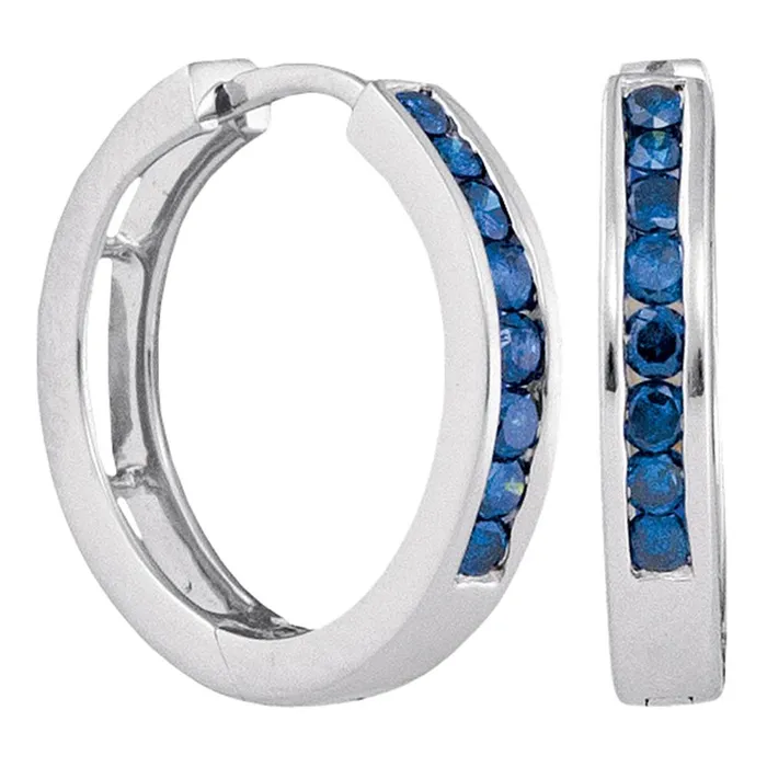 14k White Gold Womens Blue Color Enhanced Round ChannelSet Diamond Hoop Earrings 12 Cttw mayamila Earrings