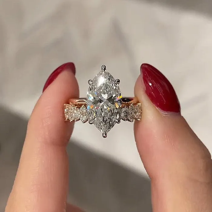 2pcs Hiden Halo Marquise Cut Bridal Ring Set Shineofdiamond Rings