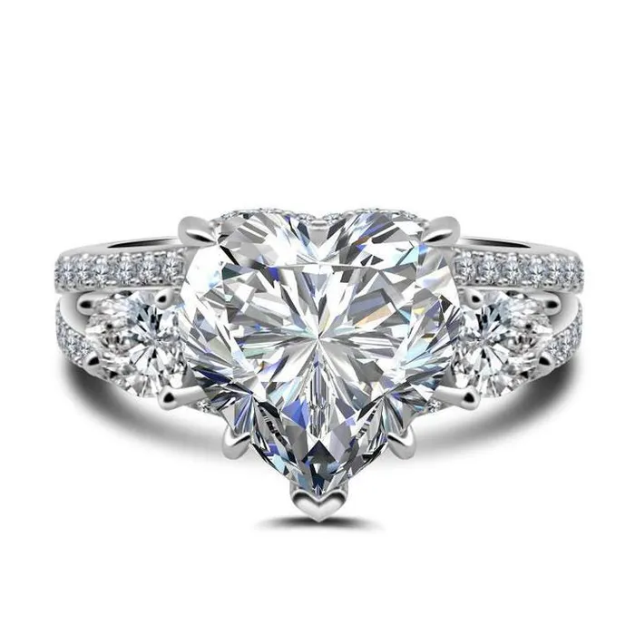 3 Stone Heart Cut Engagement Ring in Sterling Silver Shineofidamond Rings