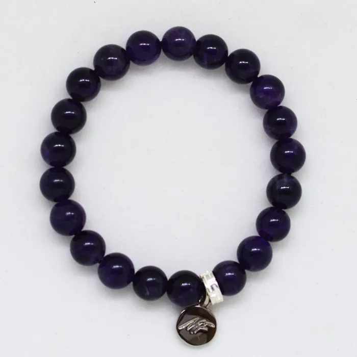 Amethyst Stone Flat Silver Bead Bracelet 8 MM Mystic Flavia Bracelets