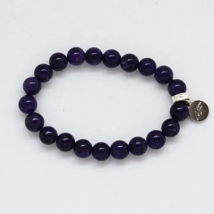 Amethyst Stone Flat Silver Bead Bracelet 8 MM Mystic Flavia Bracelets
