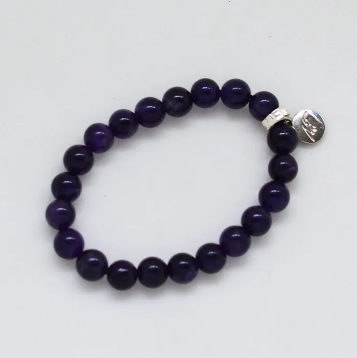 Amethyst Stone Flat Silver Bead Bracelet 8 MM Mystic Flavia Bracelets