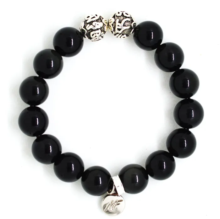 Black Obsidian Silver Bead Bracelet 12 MM MF Bracelets