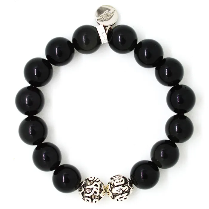 Black Obsidian Silver Bead Bracelet 12 MM MF Bracelets