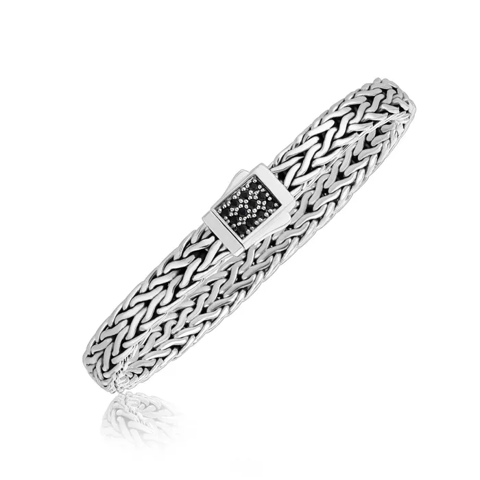 Bracelets MayaMila Sterling Silver Braided Mens Bracelet with Black Sapphire Stones Bracelets MayaMila Sterling Silver Braided Mens Bracelet with Black Sapphire Stones