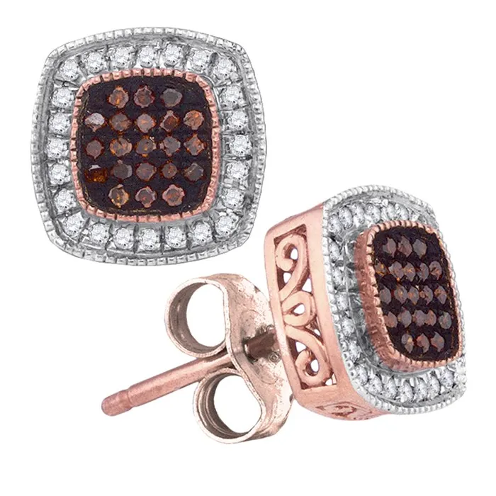 Earrings mayamila 10kt Rose Gold Womens Round Red Color Enhanced Diamond Square Cluster Earrings 14 Cttw