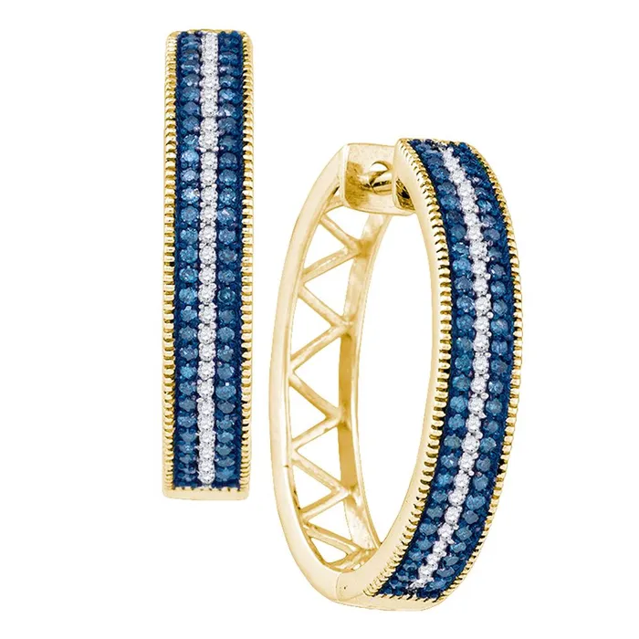 Earrings mayamila 10kt Yellow Gold Womens Round Blue Color Enhanced Diamond Hoop Earrings 12 Cttw