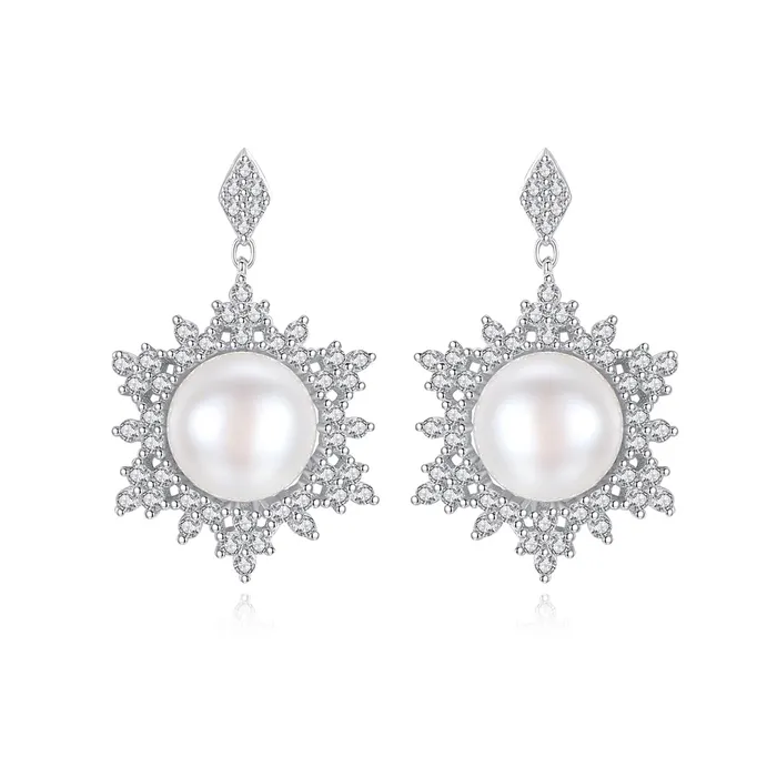 Earrings Mystic Flavia Dangling Snowflake Pearl Zircon Silver Earrings