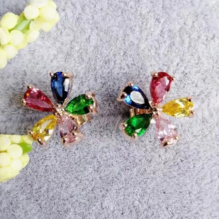 Earrings shine of diamond Rose Gold 18K White Gold Plated Sterling Silver Colorful Fivepetal Flower Earrings Stud