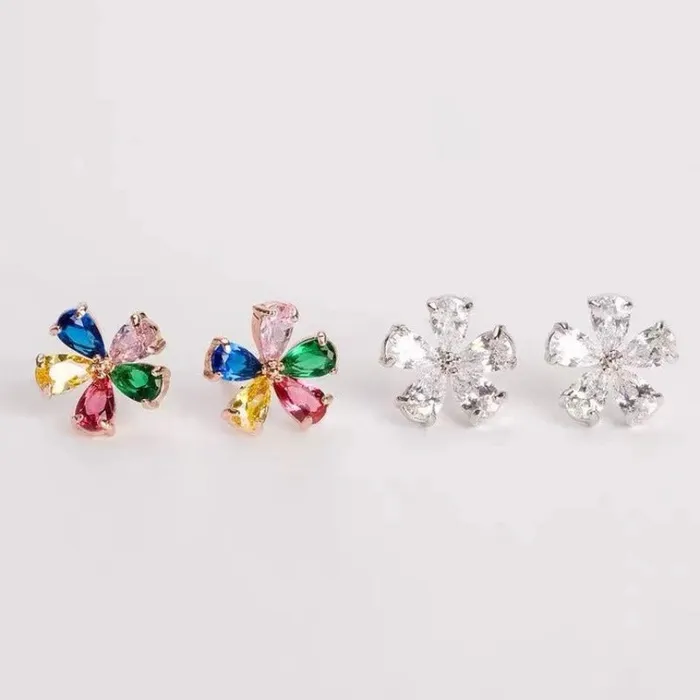 Earrings shine of diamond Rose Gold 18K White Gold Plated Sterling Silver Colorful Fivepetal Flower Earrings Stud