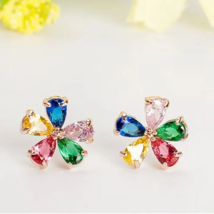 Earrings shine of diamond Rose Gold 18K White Gold Plated Sterling Silver Colorful Fivepetal Flower Earrings Stud