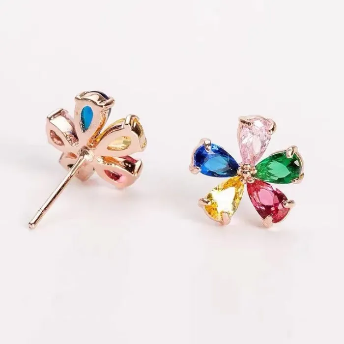 Earrings shine of diamond Rose Gold 18K White Gold Plated Sterling Silver Colorful Fivepetal Flower Earrings Stud