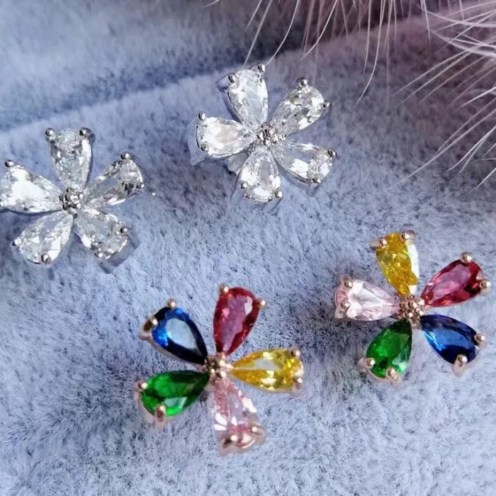 Earrings shine of diamond Rose Gold 18K White Gold Plated Sterling Silver Colorful Fivepetal Flower Earrings Stud