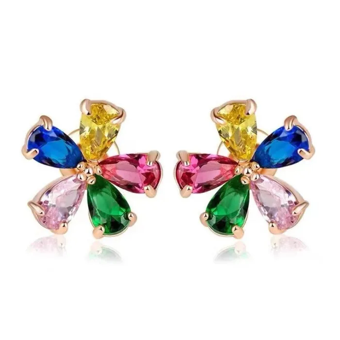 Earrings shine of diamond Rose Gold 18K White Gold Plated Sterling Silver Colorful Fivepetal Flower Earrings Stud