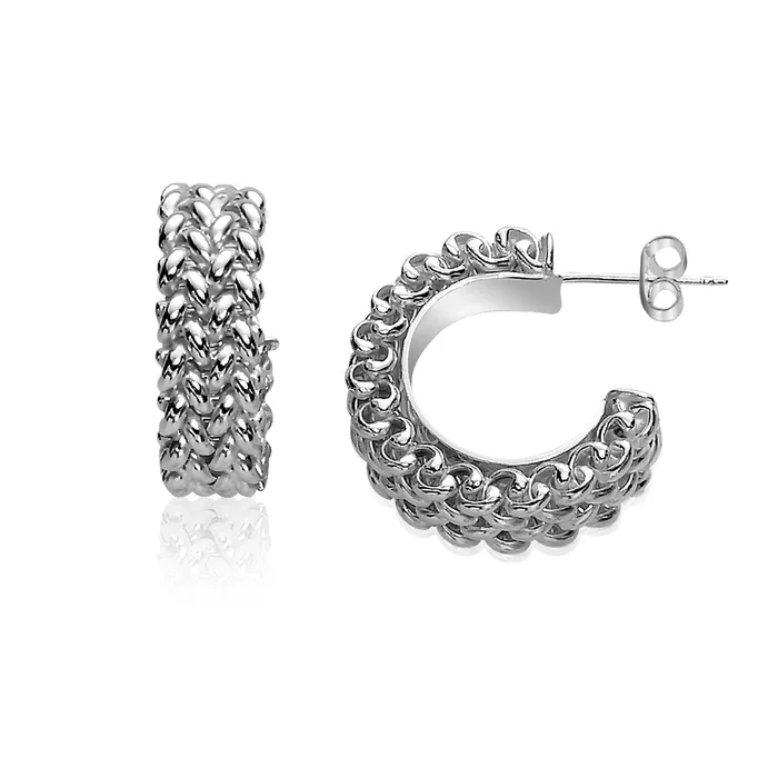 Earrings Sterling Silver Half Hoop Rhodium Plated Earrings with a Popcorn Look MayaMila Earrings Sterling Silver Half Hoop Rhodium Plated Earrings with a Popcorn Look MayaMila