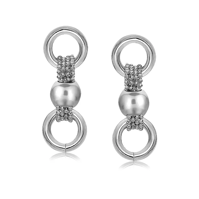 Earrings Sterling Silver Rhodium Plated Bead Chain Earrings with Rings and Barrel Motifs MayaMila Earrings Sterling Silver Rhodium Plated Bead Chain Earrings with Rings and Barrel Motifs MayaMila