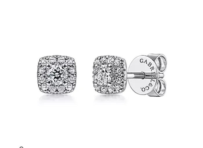 GABRIELCo Earrings GABRIELCo Cushion shaped halos accent the 008ct round cut center diamonds in these brilliant 026ct in total stud earrings EG13215W45KJJ