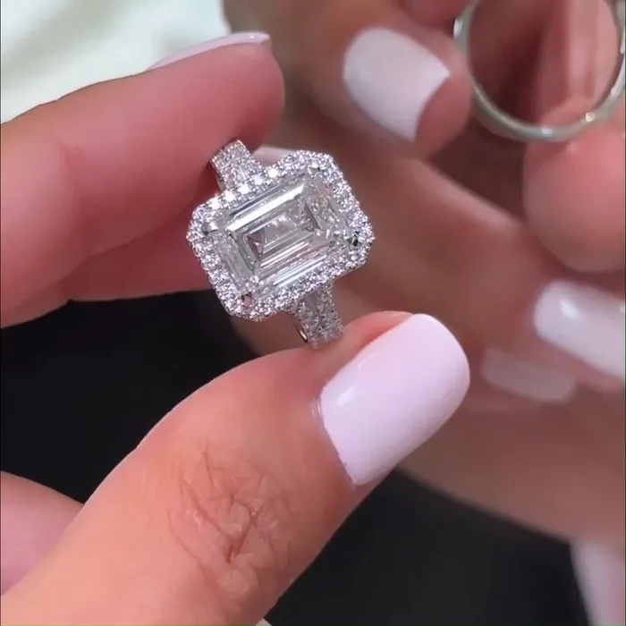 Gorgeous Halo Split Shank Emerald Cut Sterling Silver Engagement Ring shineofdiamond Rings Gorgeous Halo Split Shank Emerald Cut Sterling Silver Engagement Ring shineofdiamond Rings