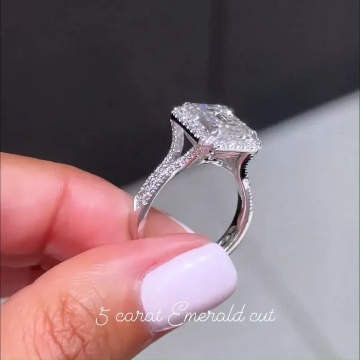 Gorgeous Halo Split Shank Emerald Cut Sterling Silver Engagement Ring shineofdiamond Rings Gorgeous Halo Split Shank Emerald Cut Sterling Silver Engagement Ring shineofdiamond Rings