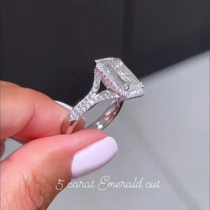 Gorgeous Halo Split Shank Emerald Cut Sterling Silver Engagement Ring shineofdiamond Rings Gorgeous Halo Split Shank Emerald Cut Sterling Silver Engagement Ring shineofdiamond Rings