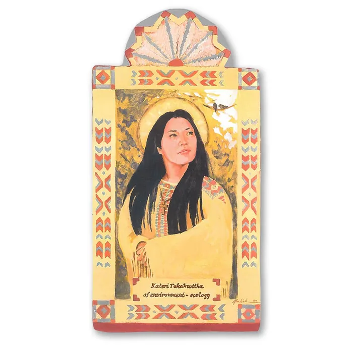 Lynn Garlick Retablos Earrings St Kateri Tekawitha Environment and Ecology Wooden Pocket Plaque Lynn Garlick Retablos Earrings St Kateri Tekawitha Environment and Ecology Wooden Pocket Plaque