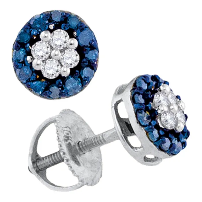 mayamila Earrings 10kt White Gold Womens Round Blue Color Enhanced Diamond Cluster Screwback Earrings 13 Cttw