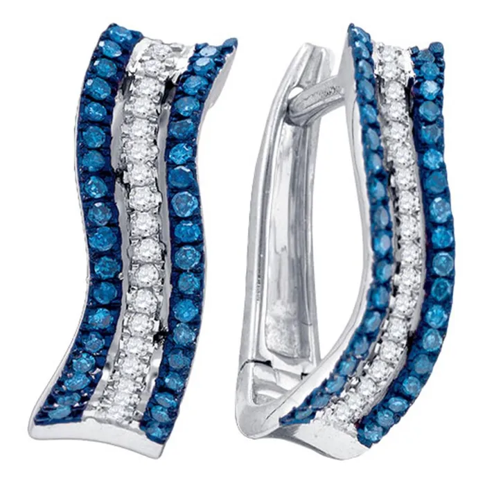 mayamila Earrings 10kt White Gold Womens Round Blue Color Enhanced Diamond Striped Hoop Earrings 14 Cttw